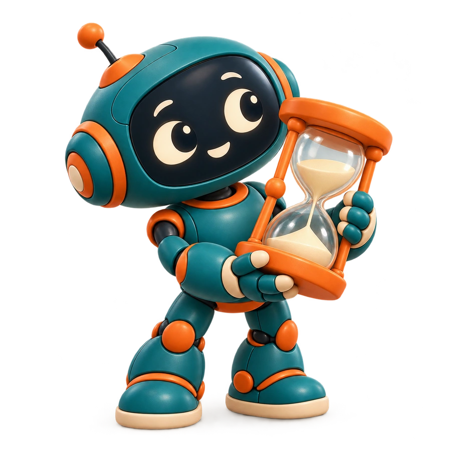 Un piccolo robot color petrolio tiene una clessidra arancione.